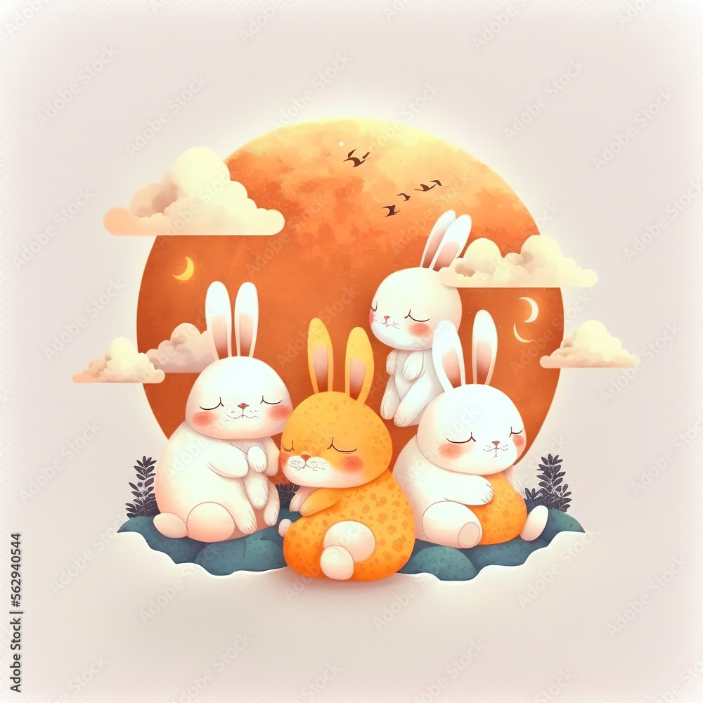 Chinese Bunny with Luna and Flowers greeting Card Illustration Generative AI - obrazy, fototapety, plakaty 