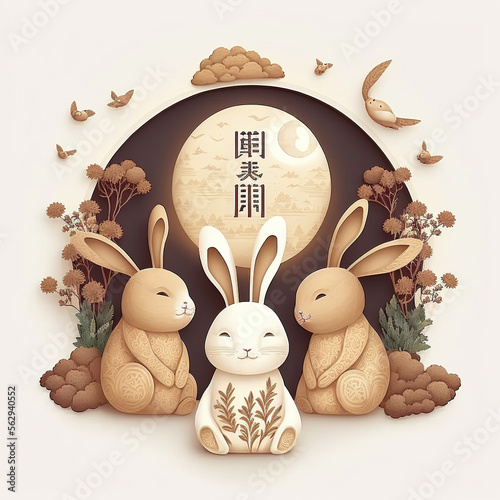 Chinese Bunny with Luna and Flowers greeting Card Illustration Generative AI