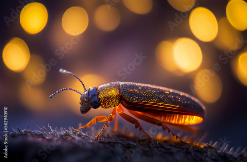 A real firefly, macro focus on firefly, the background is bokeh a beautiful landscape. made with generative AI © LamaiC