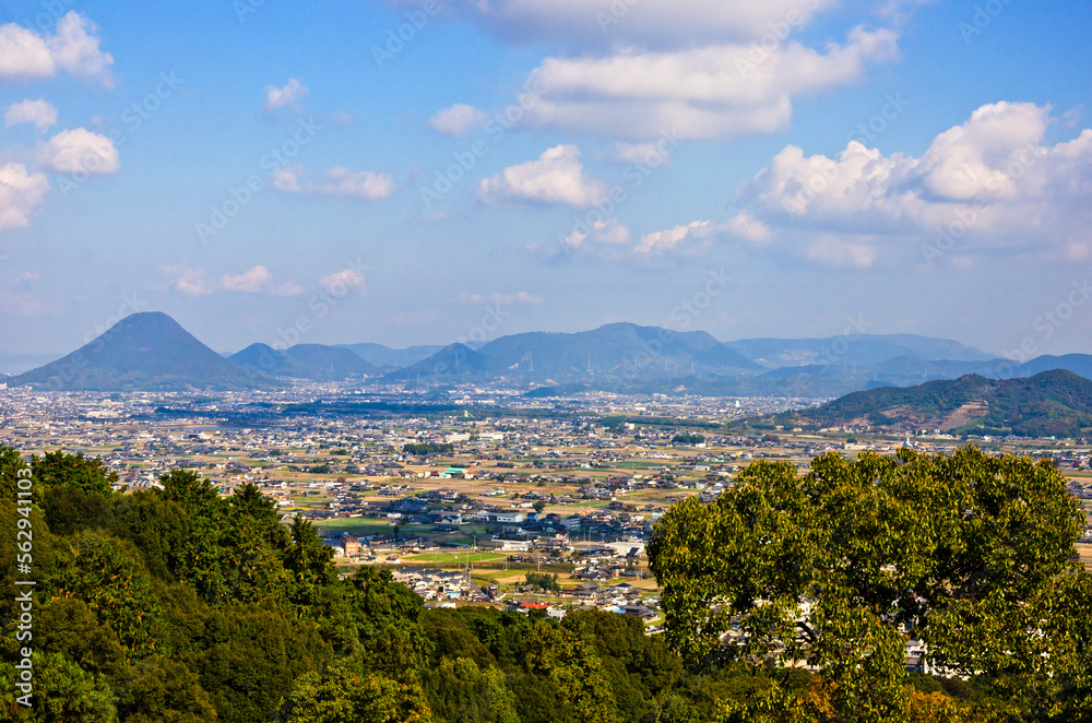 Mt. iino and Kotohira town, views from Kotohira shrine, Kagawa, Japan.