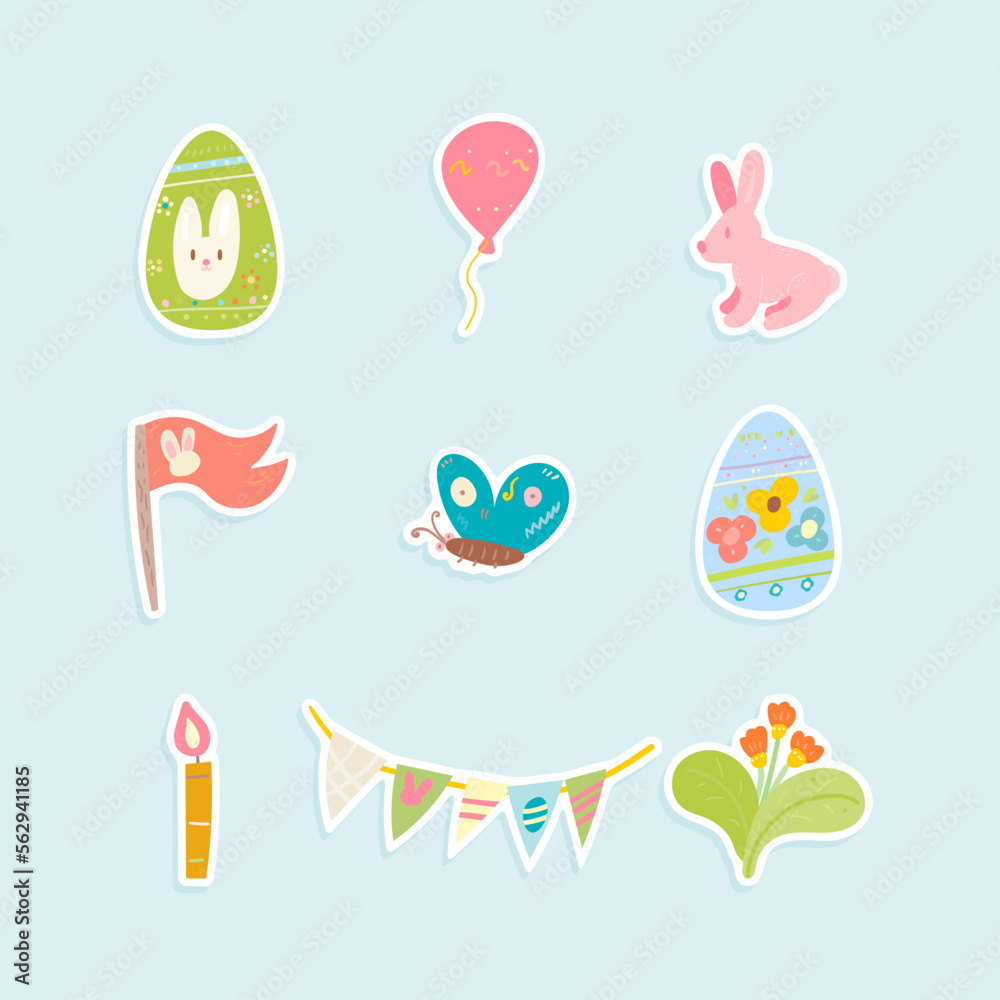 Easter Bunny with Eggs,Butterfly,  Flowers, Stickers Set.These stickers are perfect for adding a festive touch to your Easter-themed crafts, decorations, or greeting cards.