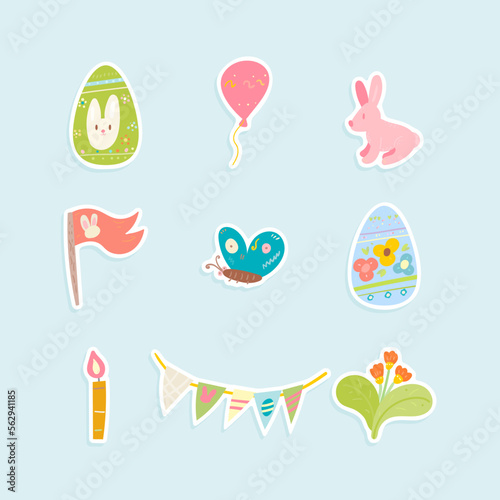 Easter Bunny with Eggs,Butterfly, Flowers, Stickers Set.These stickers are perfect for adding a festive touch to your Easter-themed crafts, decorations, or greeting cards.