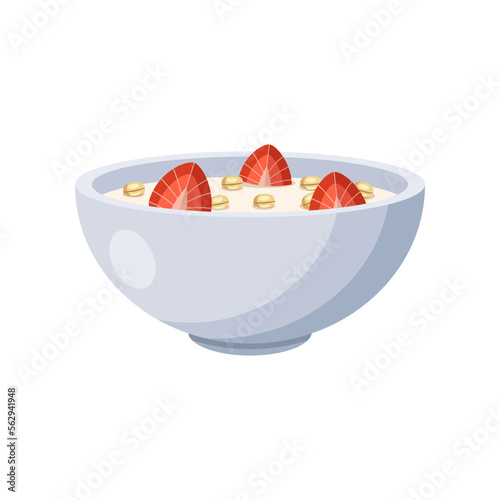 Oatmeal porridge with strawberries for breakfast illustration. Bowl of porridge with strawberry. Food, grain, healthy lifestyle, nourishment concept