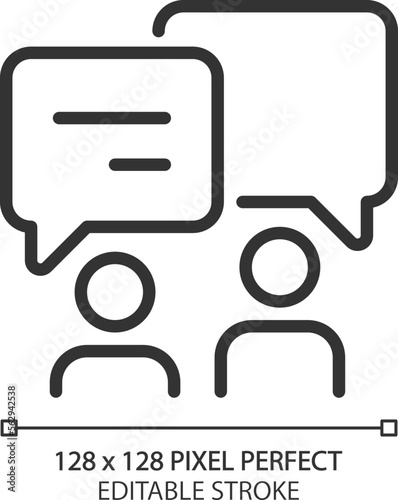 Discussion in pairs pixel perfect linear icon. Talking people with chat bubbles. Communication between friends. Thin line illustration. Contour symbol. Vector outline drawing. Editable stroke