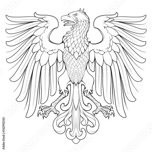 Heraldic Eagle front view, wings spread. Heraldic supporter a part of a Coat of Arms. Black line drawing isolated on white background. EPS10 vector illustration.