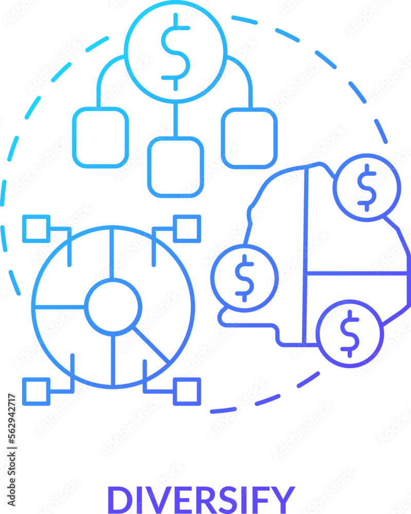 Diversify blue gradient concept icon. Spread money across several funds. Rule of investing abstract idea thin line illustration. Isolated outline drawing. Myriad Pro-Bold font used Diversify blue gradient concept icon. Spread money across several funds. Rule of investing abstract idea thin line illustration. Isolated outline drawing. Myriad Pro-Bold font used