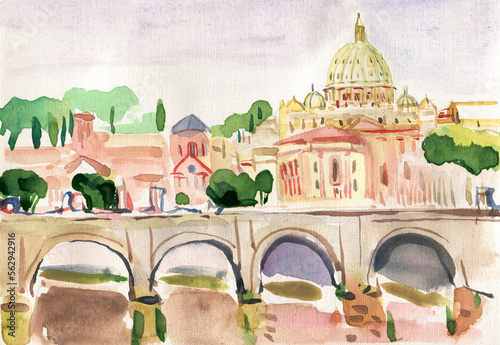 Watercolor drawing picture street view in Vatican Rome, Italy. Watercolor drawing picture of city scape view of Rome Italy. © Olesia La