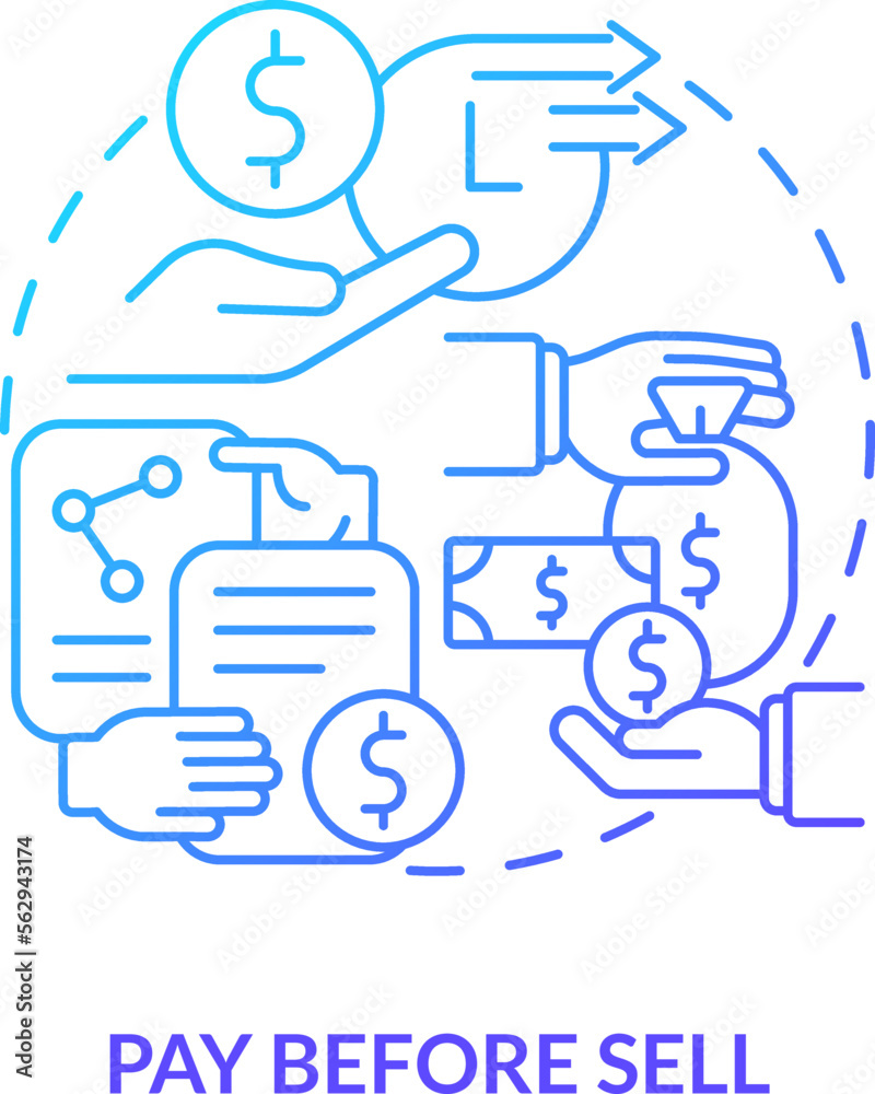 Pay before sell blue gradient concept icon. Purchase security in cash account. Online investing abstract idea thin line illustration. Isolated outline drawing. Myriad Pro-Bold font used Pay before sell blue gradient concept icon. Purchase security in cash account. Online investing abstract idea thin line illustration. Isolated outline drawing. Myriad Pro-Bold font used