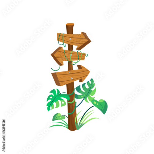 Signboard or pointer sign on pole from wood vector illustration. Wooden direction pointers and planks with plants, leaves and lianas in forest isolated on white background. Jungle, information concept