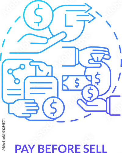 Pay before sell blue gradient concept icon. Purchase security in cash account. Online investing abstract idea thin line illustration. Isolated outline drawing. Myriad Pro-Bold font used