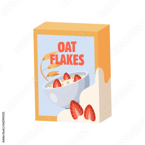 Box of oat flakes for breakfast cartoon illustration. Oat flakes in box. Food, grain, healthy lifestyle, nourishment concept