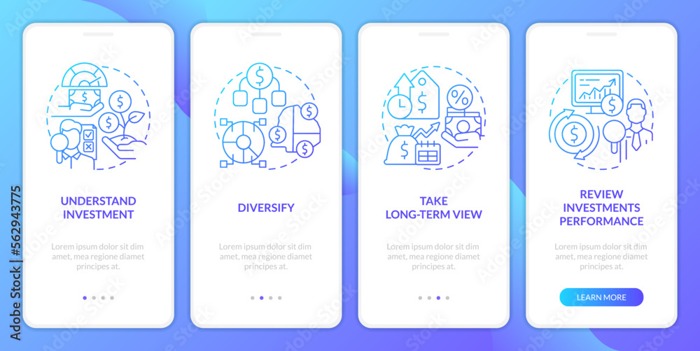 Investing rules blue gradient onboarding mobile app screen. Trading walkthrough 4 steps graphic instructions with linear concepts. UI, UX, GUI template. Myriad Pro-Bold, Regular fonts used