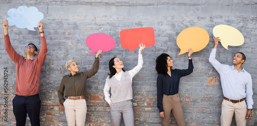 Speech bubble, communication and news with business people and mockup for social media, vote and review. Design, contact and chat sign with employee and board at brick wall for voice and opinion