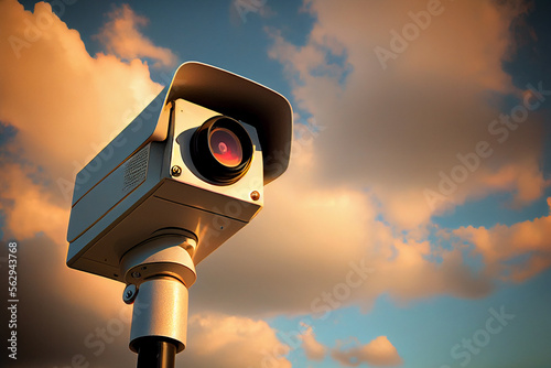 Nahaufnahme einer Überwachungskamera mit blauen Himmel im Hintergrund - Generative Ai photo