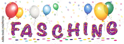 Fasching Banner mit Luftballons, Text und Konfetti,
Vektor Illustration isoliert auf weißem Hintergrund
