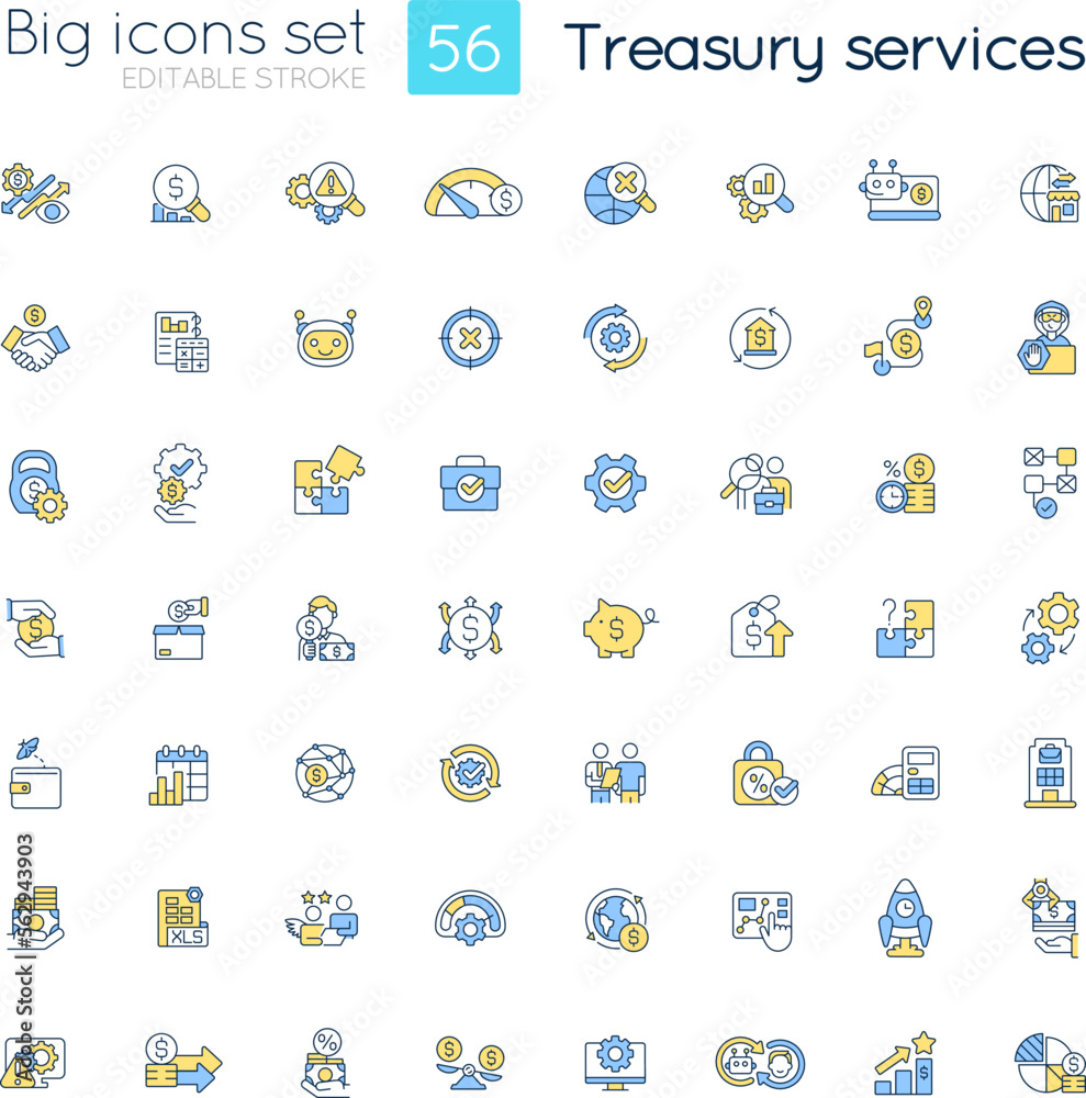 Treasury services RGB color icons set. Financial management. Finance operations. Business income. Isolated vector illustrations. Simple filled line drawings collection. Editable stroke