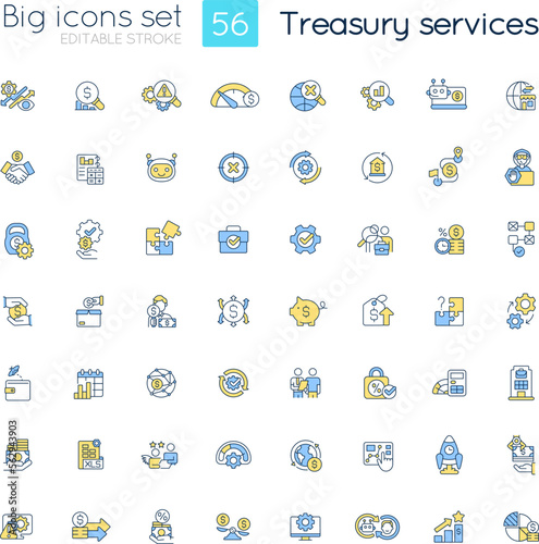 Treasury services RGB color icons set. Financial management. Finance operations. Business income. Isolated vector illustrations. Simple filled line drawings collection. Editable stroke