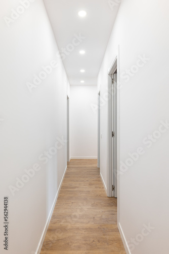 Long corridor with white smooth walls, bright light pours from spotlights from the ceiling, wooden laminate flooring, open doors on both sides to separate living rooms.
