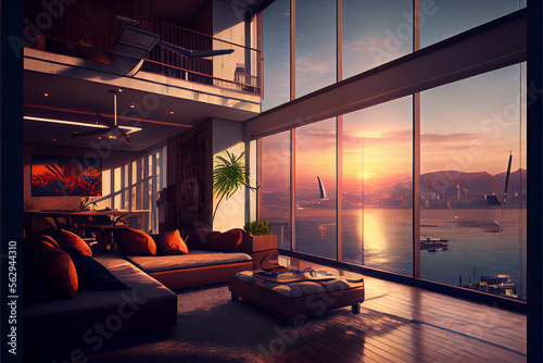 Empty loft style room with concrete floor and city view