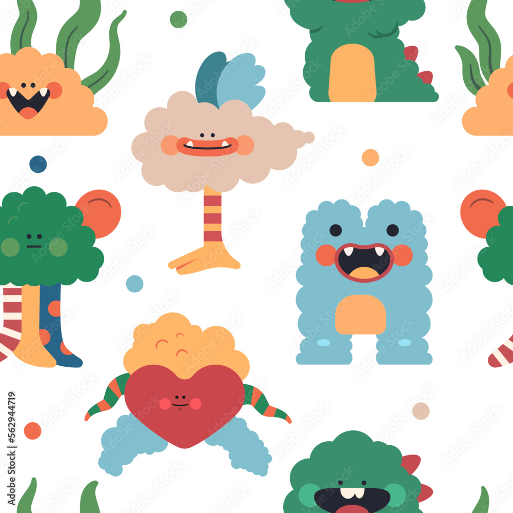 Cute fluffy monsters vector cartoon seamless pattern background for wallpaper, wrapping, packing, and backdrop.