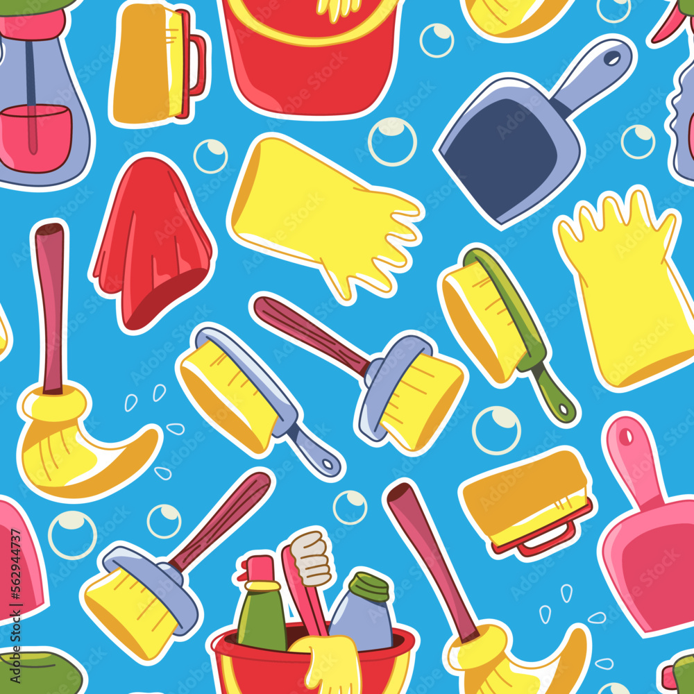 Cleaning tools vector cartoon seamless pattern background for wallpaper, wrapping, packing, and backdrop. Cleaning tools vector cartoon seamless pattern background for wallpaper, wrapping, packing, and backdrop.