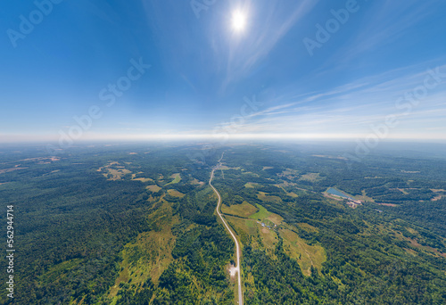 Russia, Perm region. Panoramic aerial view of the forests and fields of the Permian region. Summer, daytime. Mount White