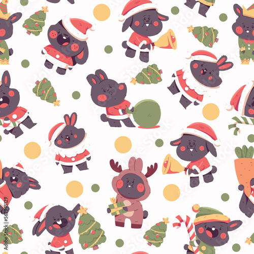 Christmas black rabbit vector cartoon seamless pattern background for wallpaper  wrapping  packing  and backdrop.