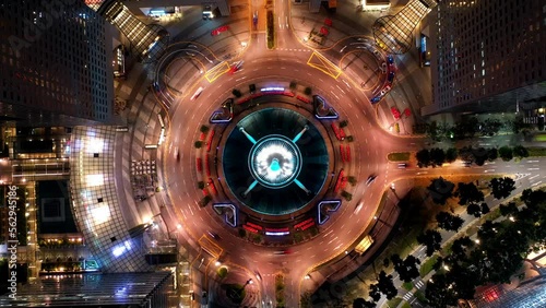 Top view of the Singapore landmark financial business district with skyscraper. Fountain of Wealth at Suntec city in Singapore at night
