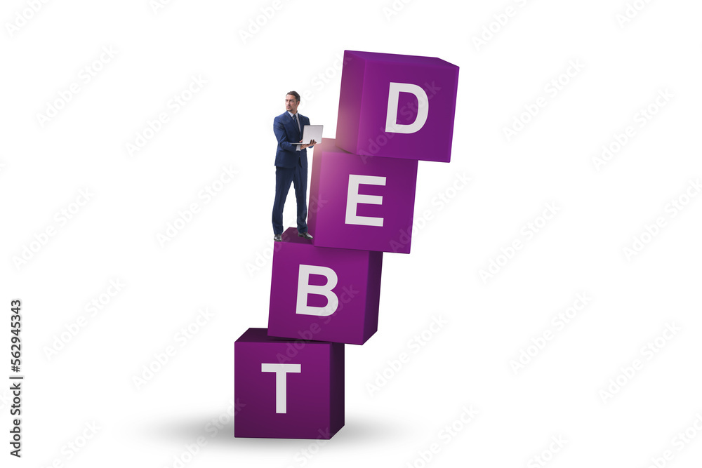 Debt and loan concept with businessman on cubes Debt and loan concept with businessman on cubes