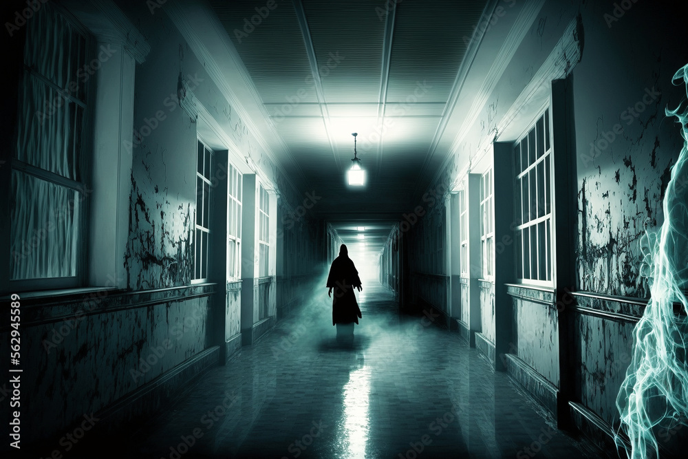 Ghostly figure in a spooky corridor - Generative AI