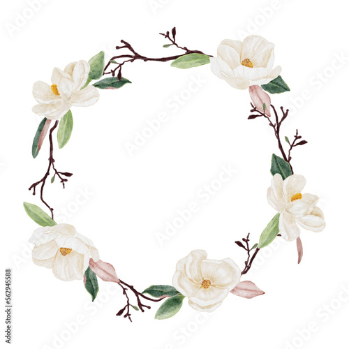 watercolor white magnolia flower and leaf bouquet clipart wreath frame