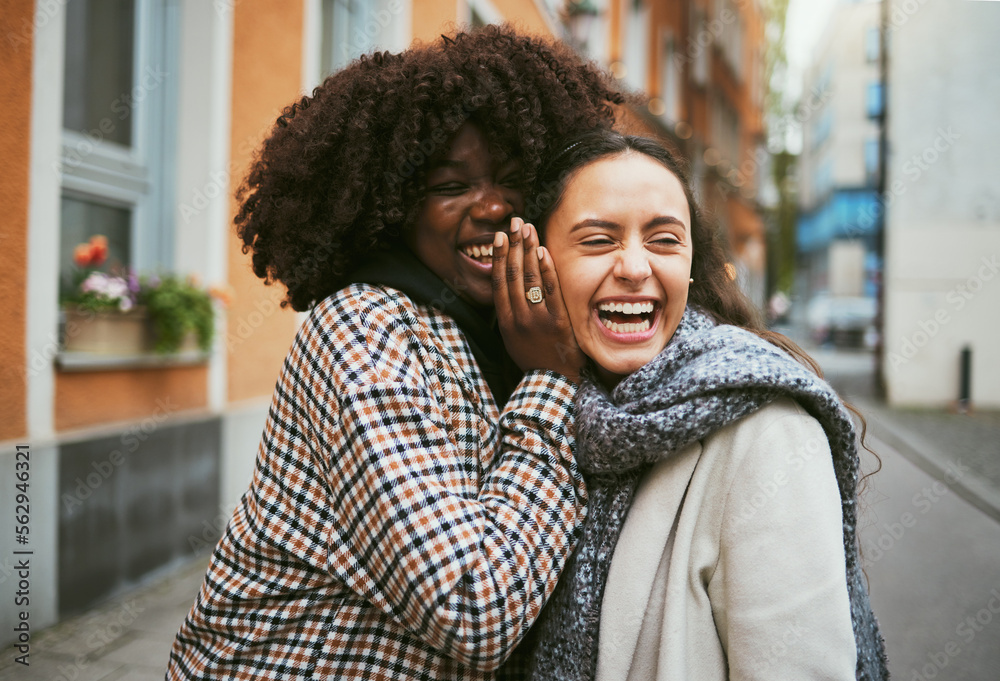 Friends, gossip in ear and women in street laughing at secret joke in city with smile on face. Urban secrets, rumor and whisper in ears, black woman with friend laugh at funny story on walk in town. - obrazy, fototapety, plakaty 