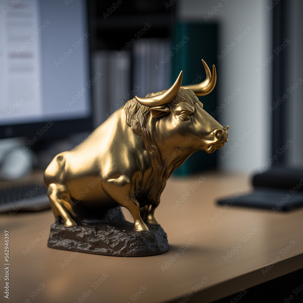 Bull statue illustration made in solid gold, financial market,  Generative AI - obrazy, fototapety, plakaty 