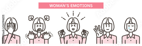 Young woman expressing various emotions with various poses and facial expressions [Vector illustration].