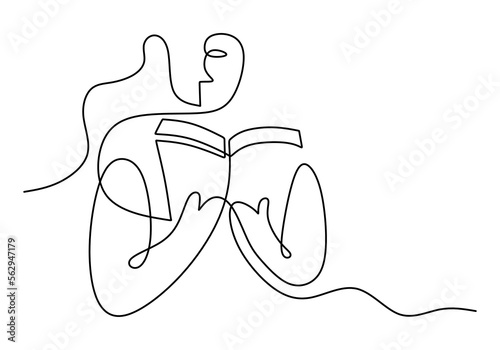 Hand drawing one line of woman read book isolated on white background.