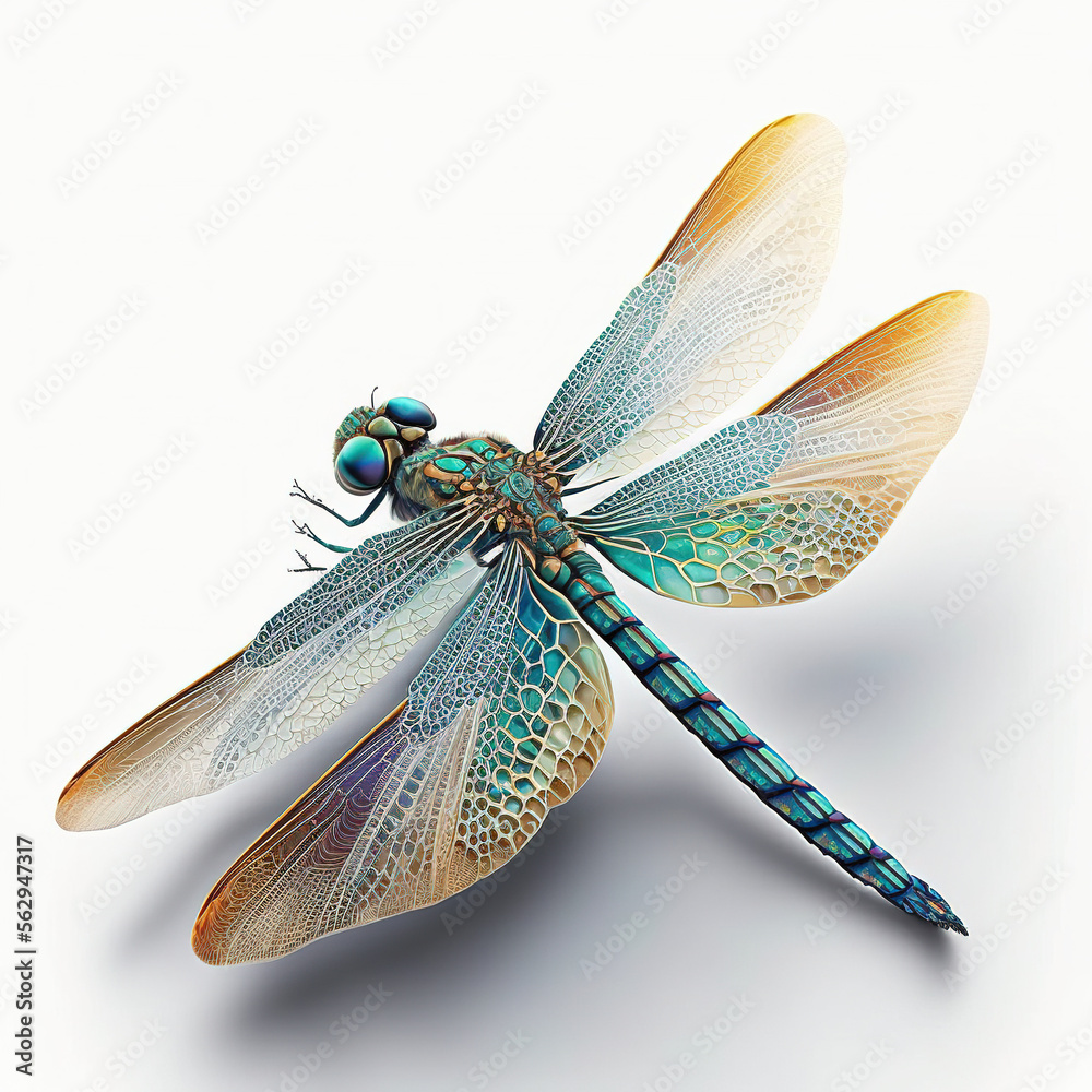 close-up of a coloured dragonfly on a white background. Generative AI  - obrazy, fototapety, plakaty 