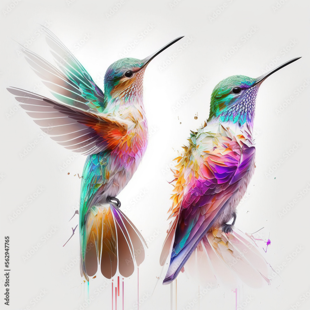 colorful hummingbirds on a white background, generative AI  - obrazy, fototapety, plakaty 