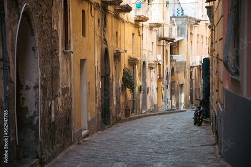 Colorful houses and tiny narrow streets on Procida Island  Italy.