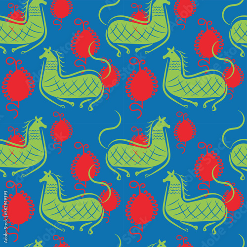 Seamless, Hand-drawn traditional ancient tribal folk art, India. Pictorial language depicting the rural life of the inhabitants of India. seamless pattern for textiles, wrapping paper, or backgrounds