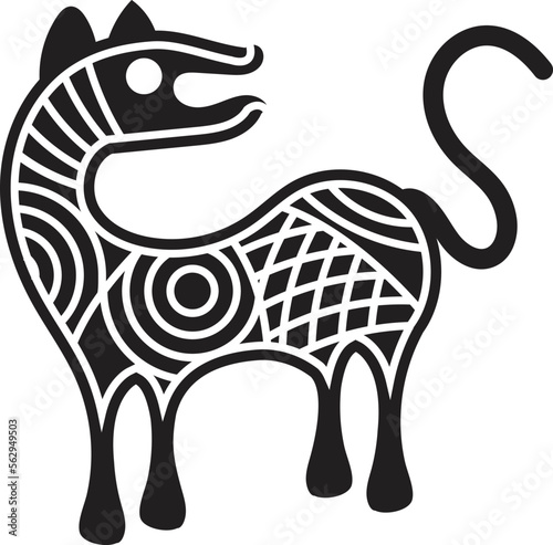 Hand-drawn traditional ancient tribal folk art, India. Pictorial language depicting the rural life of the inhabitants of India. seamless pattern for textiles, wrapping paper, or backgrounds
