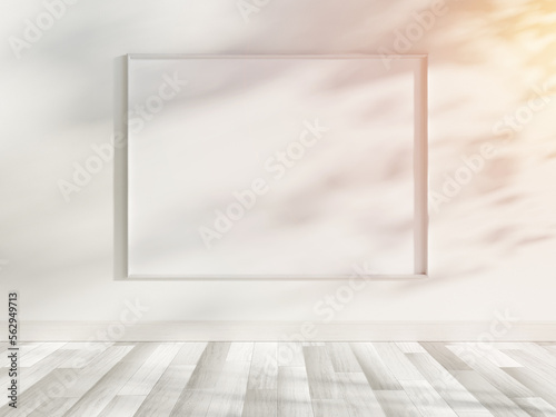 Fototapeta Naklejka Na Ścianę i Meble -  White frame hanging in bright interior mockup. Template of a picture framed on a wall 3D rendering