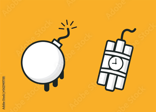 Graphic doodle art vector illustration of melting bomb and time bomb, black white colors, flat design. Big blast cable cord wick grenade bombshell. 