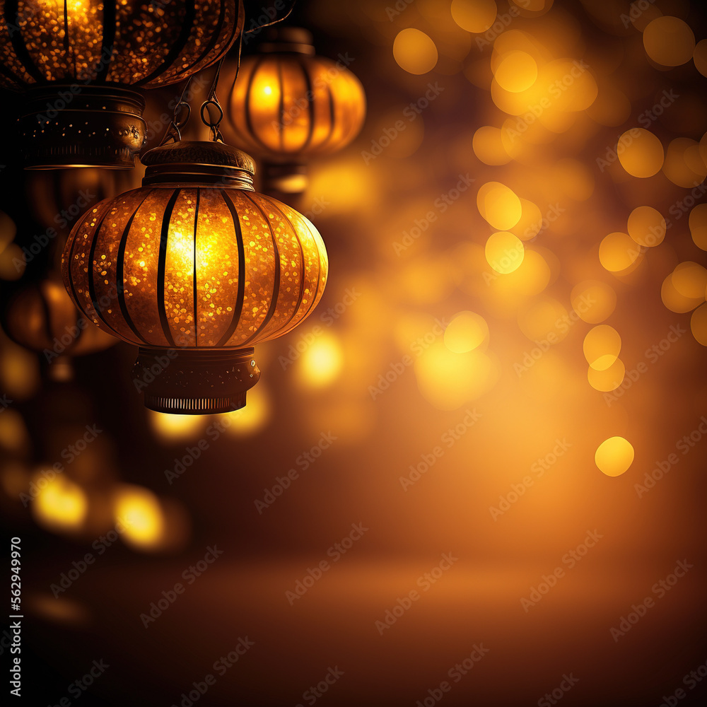 Happy Chinese New Year 2023 greeting card with traditional asian lanterns on gold dark glowing banner background. Generative Ai. - obrazy, fototapety, plakaty 