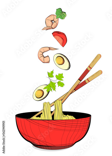 Noodles in a red bowl with boiled eggs, shrimps, tomatoes and greens. Chopsticks in a plate