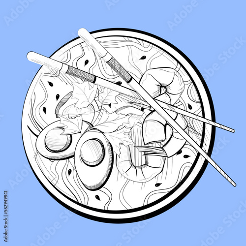 Linear vector of noodles with boiled eggs, shrimps, tomatoes, greens and seeds. Chopsticks on a plate