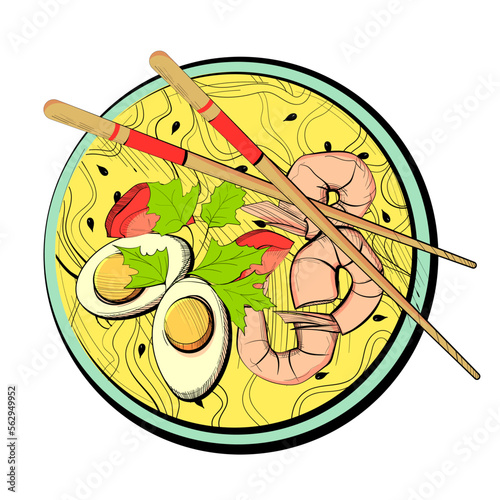 Noodles with boiled eggs, shrimp, tomatoes, greens and seeds. Chopsticks on a plate
