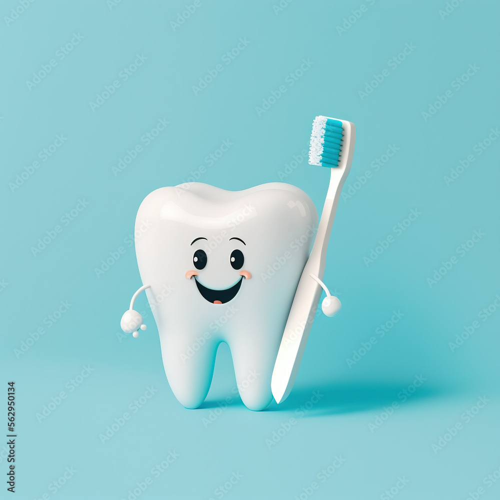 3D healthy tooth with a smile on a blue background, empty space, toothbrush,  generative AI  - obrazy, fototapety, plakaty 