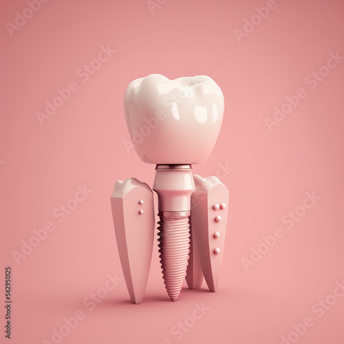 Dental Implant Model With Screw Near Healthy Tooth, Generative AI photo