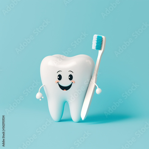3D healthy tooth with a smile on a blue background, empty space, toothbrush,  generative AI  photo