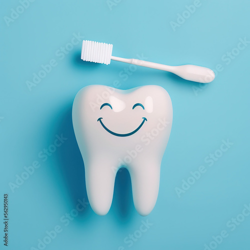 3D healthy tooth with a smile on a blue background, empty space, toothbrush,  generative AI 